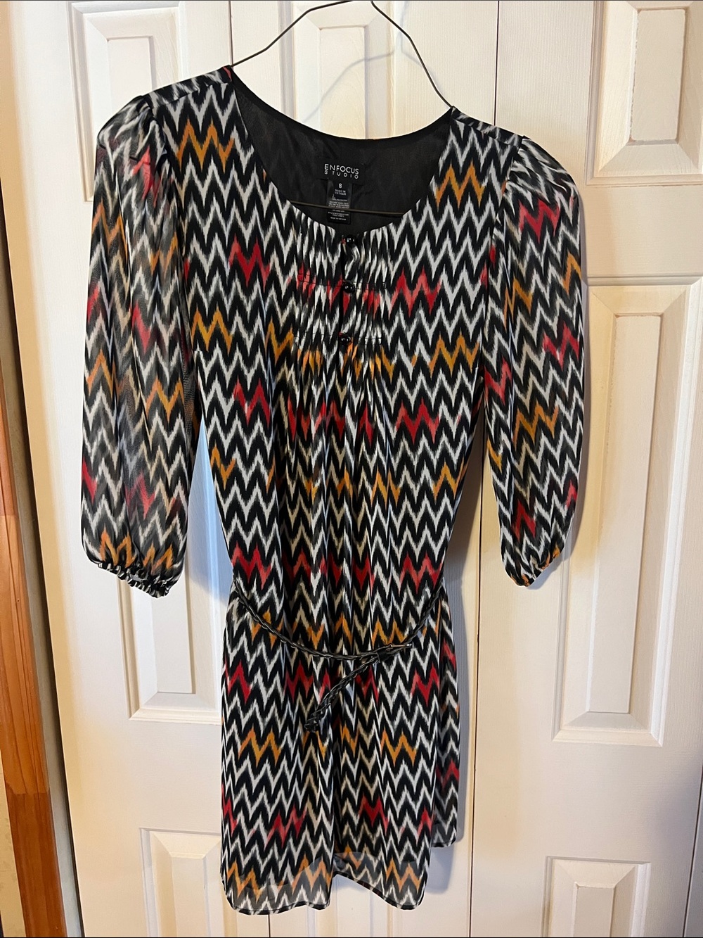 Enfocus Studio Black Chevron Mini Dress with Red & Mustard Accents